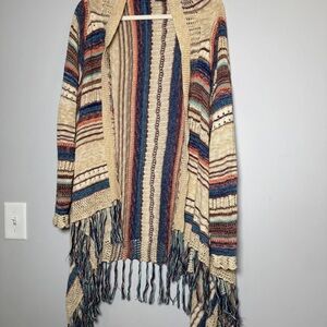 Open-Front Fringe Knit Poncho Shrug in Beige Multi